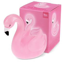 Pink flamingo night light shown next to the packaging box