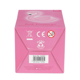 Base of flamingo night light packaging box showing safety warnings and barcode