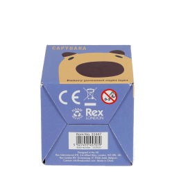 Base of Capybara night light packaging box showing safety warnings and barcode