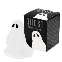 White ghost night light with black oval eyes shown next to the packaging box