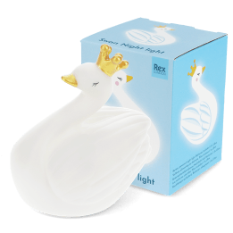 White swan night light wearing a crown, shown next to the packaging box