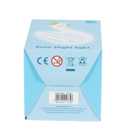 Base of swan night light packaging box showing safety warnings and barcode