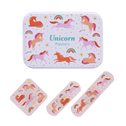 Unicorn-printed plasters placed beside a matching storage tin featuring rainbow and unicorn illustrations