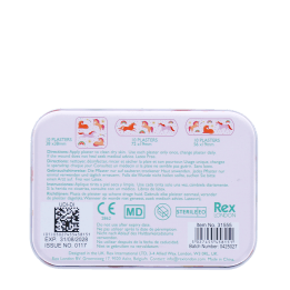 Back of unicorn plaster tin with usage instructions and product details