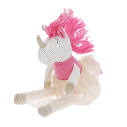 Knitted unicorn toy wearing a pink top and skirt