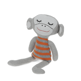 Knitted monkey toy with a grey body and wearing an orange and grey striped shirt.