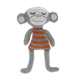 Knitted monkey toy with a grey body and wearing an orange and grey striped shirt.