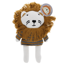 Knitted lion toy wearing a striped sweater, with white knitted legs with tag