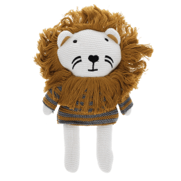 Knitted lion toy wearing a striped sweater, with white knitted legs 