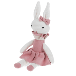 Knitted rabbit toy with long ears, wearing a pink dress with a ruffled collar and a matching bow on one ear