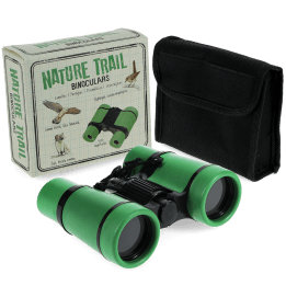 Green Nature Trail binoculars with black carrying case and a packaging box