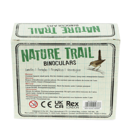 Back of Nature Trail binoculars packaging box with safety warnings