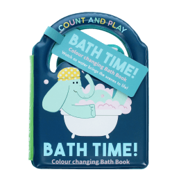 Colour changing bath book' featuring an elephant in a bathtub wearing a yellow polka-dotted shower cap with tag