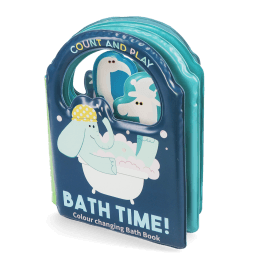 Colour changing bath book' featuring an elephant in a bathtub wearing a yellow polka-dotted shower cap
