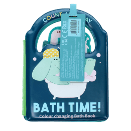 Colour changing bath book' featuring an elephant in a bathtub wearing a yellow polka-dotted shower cap with tag