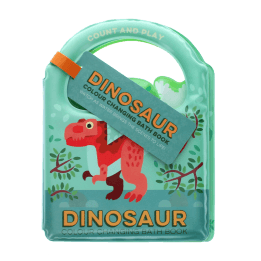 Colour changing bath book featuring colourful illustrations of dinosaur print and a tag