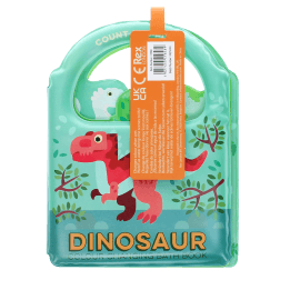 Colour changing bath book featuring colourful illustrations of dinosaur print and a tag