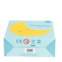 Base of sleepy moon night light packaging box showing safety warnings and barcode
