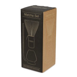 packaging of handmade matcha whisk and stand set