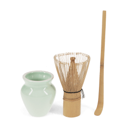 Matcha set with bamboo whisk, ceramic whisk holder, and scoop