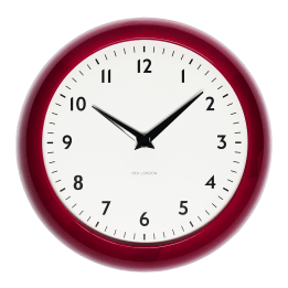 Round red wall clock with black hands and numbers,