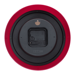Back view of red wall clock with battery compartment and hanging hole