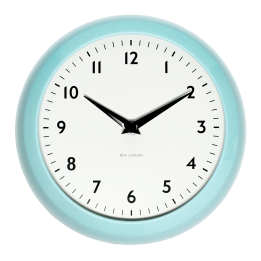 Round blue wall clock with black hands and numbers
