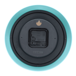 Back view of blue wall clock with battery compartment and hanging hole