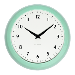 Round mint green wall clock with black hands and numbers