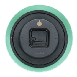 Back view of mint green wall clock with battery compartment and hanging hole