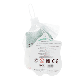 Back of squidgy stress cat showing safety warnings and barcode