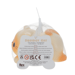 Squidgy stress cat in its packaging with tag showing safey warnings and barcode