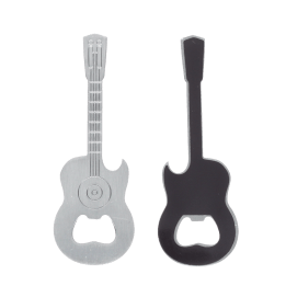 Guitar-shaped fridge magnets with built-in bottle openers, one in silver and one black