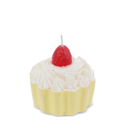 Yellow cupcake-shaped candle with a decorative strawberry on top