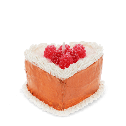 Heart-shaped cake candle with orange sides and red berry decorations on top