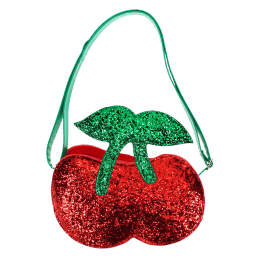 Children’s glitter handbag shaped like a red cherry, with green leaves and a green strap