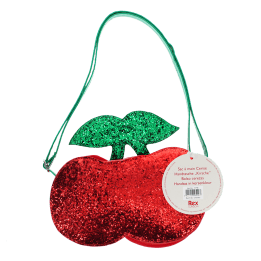 Children’s glitter handbag shaped like a red cherry, with green leaves and a green strap with tag