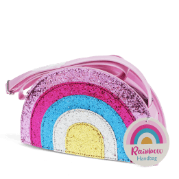 Children’s glitter rainbow handbag with colourful arcs and a pink strap with tag