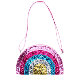 Children’s glitter rainbow handbag with colourful arcs and a pink strap