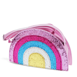 Children’s glitter rainbow handbag with colourful arcs and a pink strap