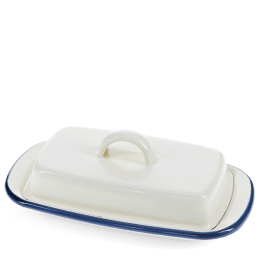 Rectangular white enamel butter dish with a blue rim and a handled lid