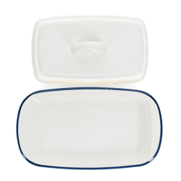 Rectangular white enamel butter dish with a blue rim, shown with the lid on the side