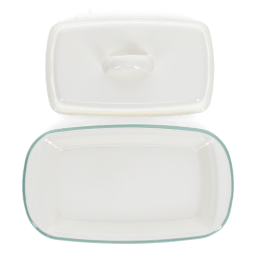 Rectangular white enamel butter dish with a pistachio green rim, shown with the lid on the side