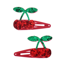 Pair of red glitter cherry hair clips with green glitter leaves