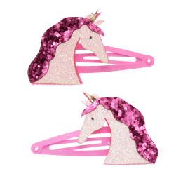 Pair of pink hair clips with glittery unicorn heads
