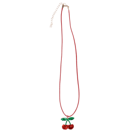 Children’s necklace with red cord and sparkling cherry pendant in packaging