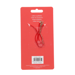 back of cherry glitter necklace packaging with safety warnings in multilingual