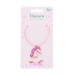 Children’s necklace with pink cord and sparkling unicorn pendant in packaging