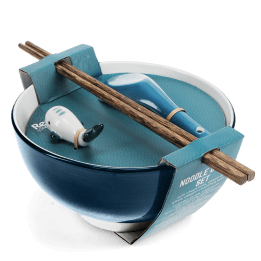 Blue ceramic noodle bowl set with spoon, chopsticks, and fish-shaped rest