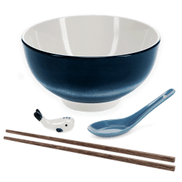 Blue ceramic noodle bowl set with spoon, chopsticks, and fish-shaped rest